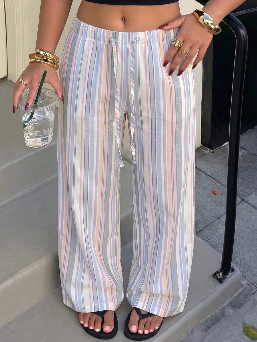 Muchica Light Blue Casual Boho Soft Form Traditional Plus Size Women's Drawstring Waist Wide Leg Long Pants Beach Formal Vacation Autumn - Multicolor - View 1