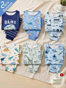 SHEIN 【6件套，随机发货2件套】男童睡衣，春夏新品，时尚热销元素恐龙、鲨鱼、汽车、直升机、交通工具图案印花，针织紧身高弹面料短袖长裤睡衣套装，2件睡衣上衣+2件睡裤（随机发货） - 彩色 - 查看 1