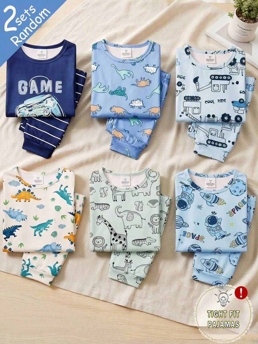 SHEIN 【6件套,随机发货2件套】男童睡衣,春夏新品,时尚热销元素恐龙、鲨鱼、汽车、直升机、交通工具图案印花,针织紧身高弹面料短袖长裤睡衣套装,2件睡衣上衣+2件睡裤(随机发货) - 彩色 - 查看 1