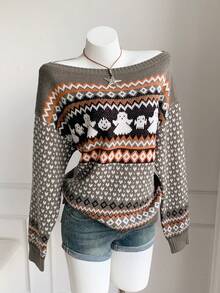 Comfortcana Women's Christmas Ghost Geometric Pattern Knit Top - Multicolor - View 8