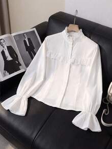 Tween Girl Tween Girls Elegant Ruffle Stand Collar Lantern Sleeve Ruffle Trim Long Sleeve White Blouse, Back To School Preppy Style White Shirt - White - View 10