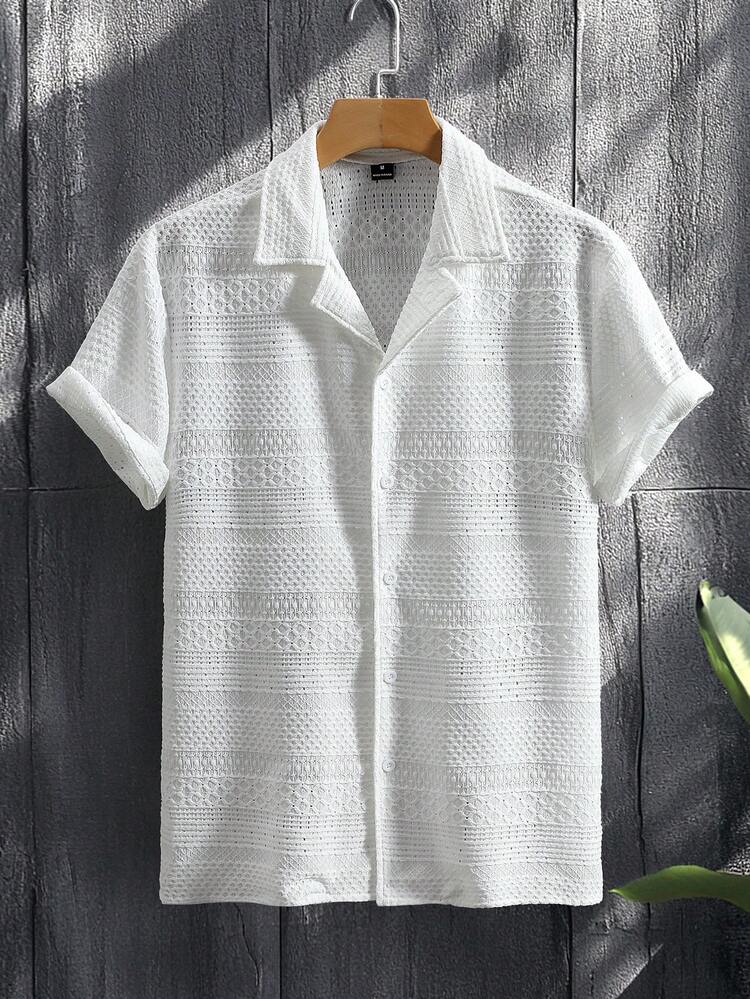 VENTUSAIL Kemeja Jacquard Lengan Pendek Kerah Kuba Kasual untuk Pria - Putih - View 4