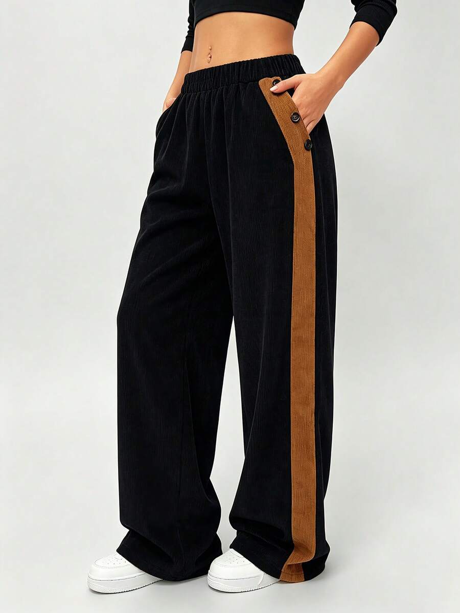 SHEIN LUNE European American Style Elastic Waist Color Block Straight Wide Leg Women's Long Pants Slimming Commute Casual Autumn Winter Active Black Polkadot - Multicolor - View 1