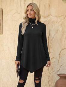 EMERY ROSE Solid Mock Neck Asymmetrical Hem Tee Fall Cloth For Women - Black - View 3
