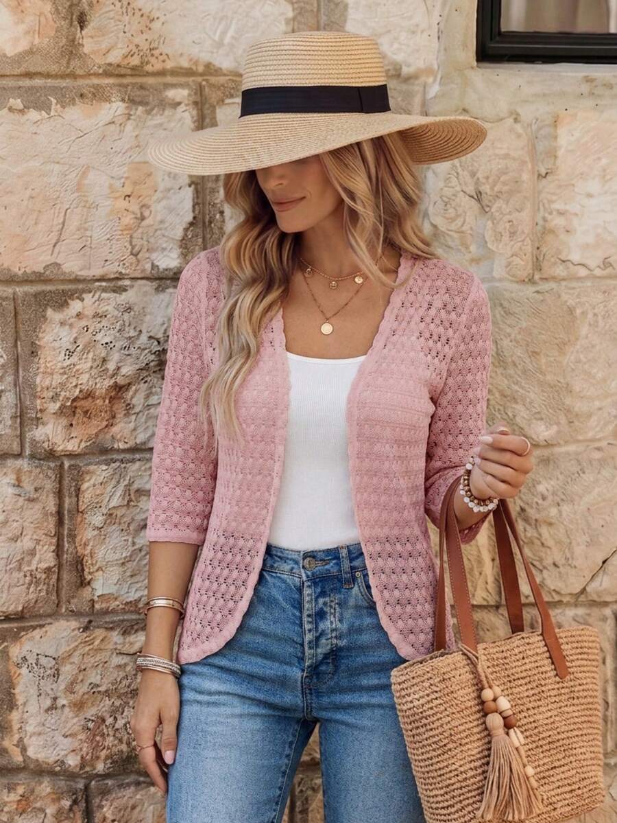 EMERY ROSE Chaqueta casual versátil de unicolor y transparente para mujer, cárdigan de ganchillo, cárdigan de encaje, cárdigan de punto para mujer, cárdigan de verano para mujer, cárdigan delgado para otoño/invierno - Rosa - Ver 1