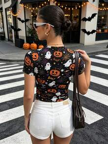 Aidyla Women's Pumpkin Ghost Spider Web Candy Pattern Print Black Fashion Round Neck Short Sleeve Slim Fit Cropped T-Shirt Halloween Top Summer Night Out - Multicolor - View 2