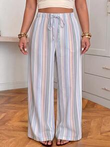 Muchica Light Blue Casual Boho Soft Form Traditional Plus Size Women's Drawstring Waist Wide Leg Long Pants Beach Formal Vacation Autumn - Multicolor - View 4