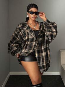 Maweii Plus Size Long Sleeve Vintage Slouchy Plaid Hooded Casual Lightweight Jacket - Multicolor - View 5