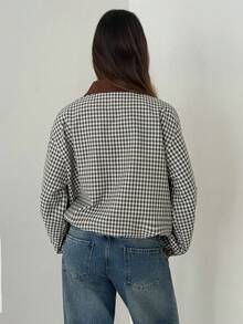Aloruh 女款休閒格紋西裝外套，秋冬大衣，女款秋季服飾，拼色格紋學院風，女款秋季穿搭 - 灰色 - 查看 2
