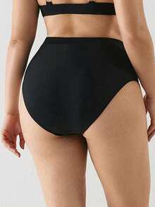 YARNWELL Plus Size Women's Solid Color Casual High Waist Bikini Bottoms For Beach Vacation - Black - View 3