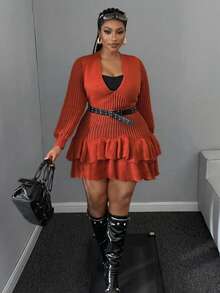 Maweii Halloween Plus Size Sweater Dresses Winter - Orange - View 4
