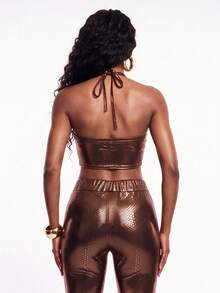 Zyxie Brown Checkered Snake Print Sexy Hot Girl Strapless Tube Top Long Pants 2 Pieces Set Club Party Summer - Rust Brown - View 3