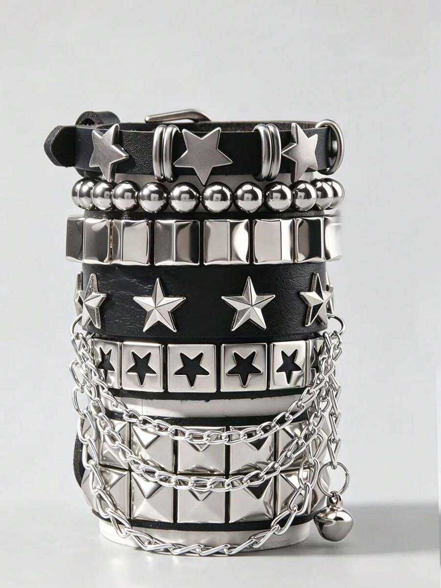 ROMWE Goth 5pcs Punk Vintage Pentagram & Black Bead Bracelets, PU Leather Women's Bracelets, Suitable For Daily Wear And Holiday Occasions - Silver - View 1