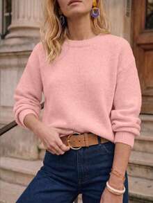 SHEIN 【5%羊毛含量】女款秋冬新款升級版粉色圓領寬鬆極簡落肩羊毛混紡針織毛衣，適合度假、休閒、百搭、通勤 - 淺粉色 - 查看 3