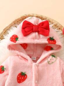 SHEIN Playful Pals Newborn Hooded Romper Cute Cherry Print Flannel Comfortable Skin-Friendly Baby Crawler Winter - Pink - View 7