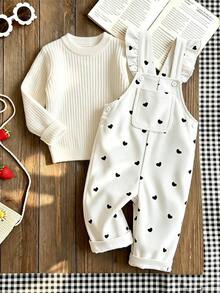 SHEIN Vintaside Kids 1件女嬰休閒可愛粉色愛心吊帶連身褲，適合外出與派對，燈芯絨面料 - 黑與白 - 查看 7