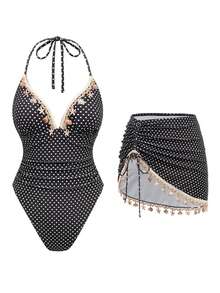 Swim Oasis Conjunto de traje de baño de 2 piezas para mujer con top triangular estampado de lunares, diseño aleatorio de cadena de conchas, tirantes finos, 1 pieza de traje de baño con falda, cordón lateral, diseño aleatorio de cadena de conchas en la Bottom - Blanco y Negro - Ver 1