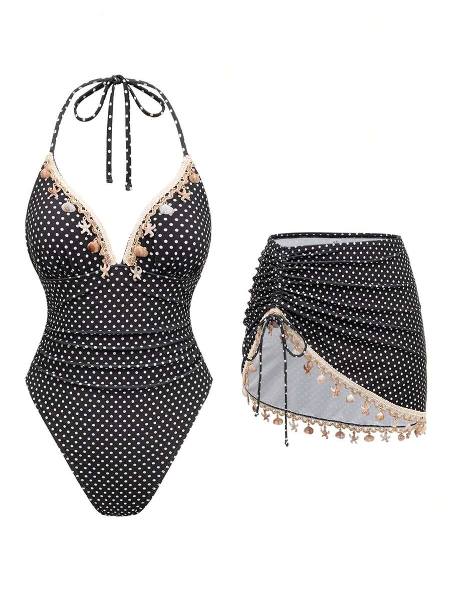Swim Oasis Conjunto de traje de baño de 2 piezas para mujer con top triangular estampado de lunares, diseño aleatorio de cadena de conchas, tirantes finos, 1 pieza de traje de baño con falda, cordón lateral, diseño aleatorio de cadena de conchas en la Bottom - Blanco y Negro - Ver 1