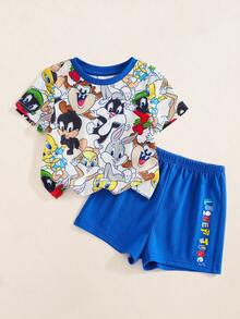 LOONEY TUNES X SHEIN 男嬰卡通印花短袖T恤與短褲套裝 - 彩色 - 查看 1