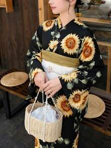Irokai 日式傳統和服夏季祭典向日葵花卉圖案女款夏季改良兩件式浴衣套裝 - 黑色 - 查看 1