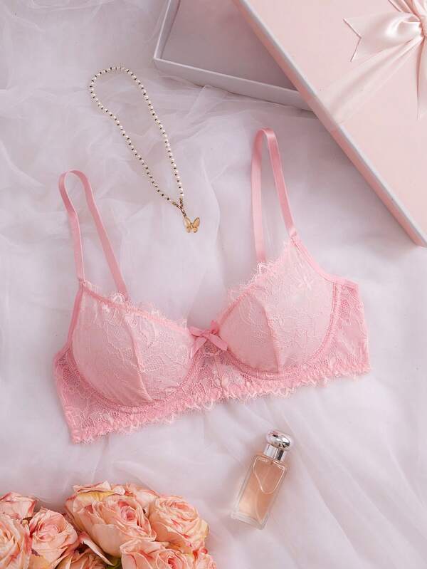 Crystal Vow 1pc Sweet Pink Eyelash Lace Deep V-Neck Bra With Bow Front And Spaghetti Strap Women's Lingerie