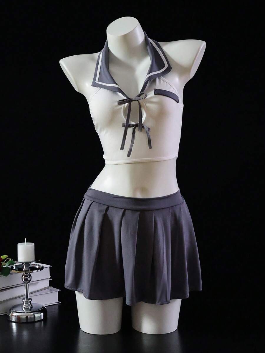 Dansine 性感JK制服学院风水手服,迷人女士服装套装 - 灰色 - 查看 1