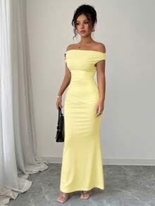 Rafferiza Elegant Ruched Off Shoulder Metallic Accent Formal Dress For Women - Light Yellow - View 8