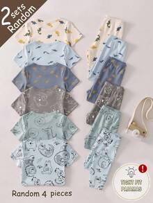 SHEIN 【6件套，随机发货2件套】男童紧身睡衣，春夏新品，时尚热销元素：恐龙、鲨鱼、狮子、大象、鳄鱼、考拉图案印花，针织弹力面料，短袖上衣和长裤两件套睡衣套装 - 彩色 - 查看 2