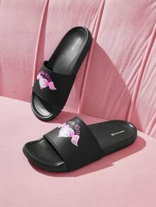HELLO KITTY AND FRIENDS | SHEIN Ladies Summer Fashion Cartoon Pattern Slippers - Black and pink - View 5