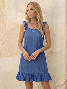 Breezaya Vestido de mezclilla casual y holgado para mujer con mangas cortas, dobladillo con volantes y bolsillos, para verano - Azul lavado medio - Ver 3