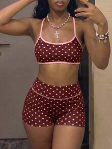 SHEIN Sports Women's Polka Dot Print Solid Color Trim Sports Tank Top And Shorts High Elastic Comfortable Athletic Set - Multicolor - View 5