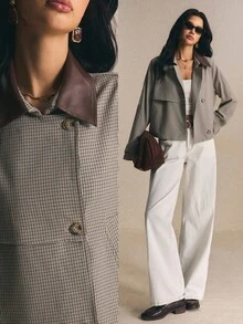 Poéselle 女款格紋長袖單排扣休閒寬鬆版型風衣 - 棕色 - 查看 3