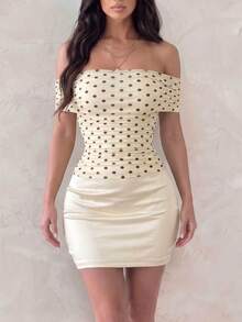 Privoire Women's Summer New Beach Outfit Fashion Versatile Daily Wear Holiday Outfit Music Festival Versatile Slim Fit High-End Polka Dot Print Mesh Off-Shoulder Patchwork Cream Yellow Satin Short Dress - Yellow - View 5