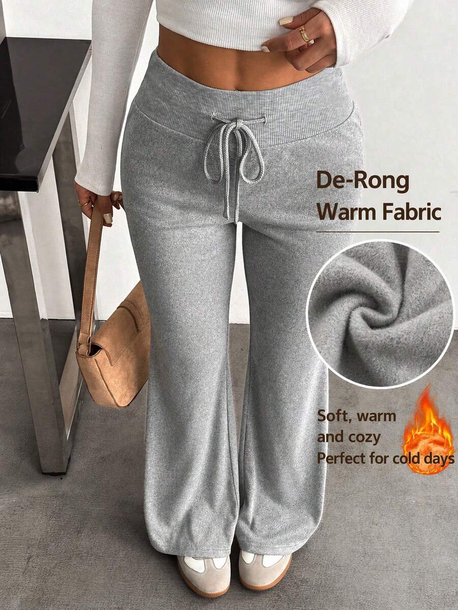 SHEIN PETITE Women's Solid Color Drawstring Waist Casual Flare Pants - Light Grey - View 1