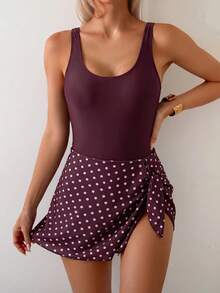 Swim Vcay 女款時尚度假連身泳衣，波點印花綁帶設計，海灘派對度假風，白色波點，夏季可愛 70 年代復古風 - 彩色 - 查看 8