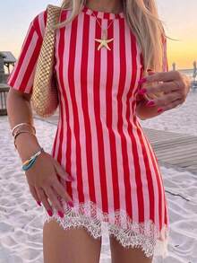 SHEIN EZwear 休閒度假風紅色直條紋滿版印花針織貼身洋裝，適合春夏度假 - 彩色 - 查看 1