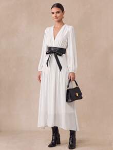 Almamuse Women's Elegant Long Sleeve V-Neck Leather Waist Belt Contrast Color Dress Fall Cloth For Women - Black and White - View 1