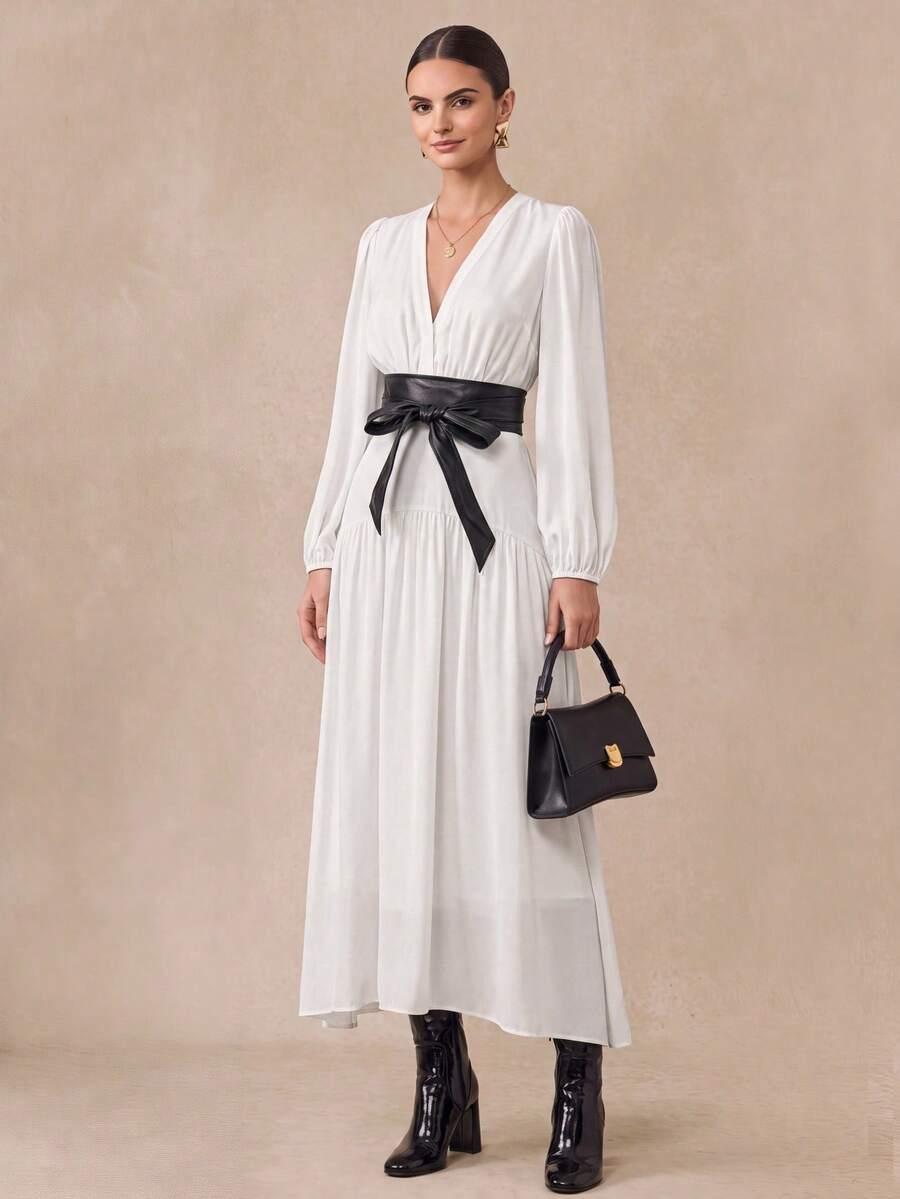 Almamuse Women's Elegant Long Sleeve V-Neck Leather Waist Belt Contrast Color Dress Fall Cloth For Women - Black and White - View 1