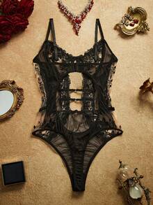 PinupPomp 1pc Women's Sexy Lingerie Floral Embroidery Mesh Jumpsuit - Black - View 2