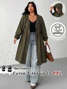 SHEIN CURVE+ 大尺碼純色連帽拉鍊休閒長袖夾克，2026 秋冬 22W - 綠色 - 查看 2
