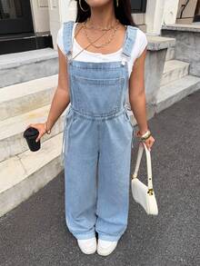 Rivivi Overall Denim Cuci Serut Kasual Serbaguna Fashion Warna Biru Muda untuk Perjalanan Musim Panas - Light Wash - View 9