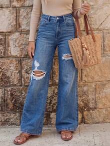 EMERY ROSE Destroyed Washed Denim Jeans - Medium Wash - View 3