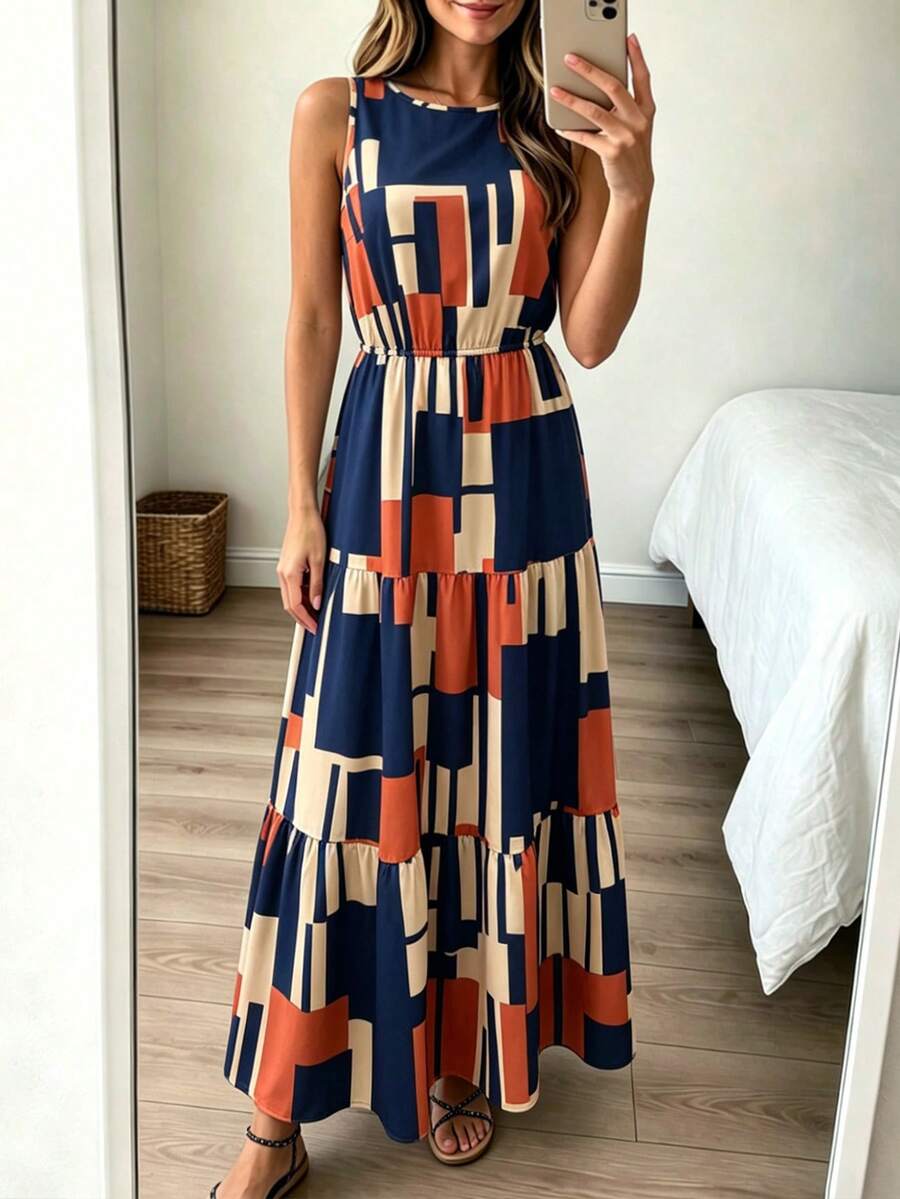Louniche 女款夏季圓領時尚幾何圖案滿版印花無袖洋裝,適合度假與夏季穿著,優雅派對裙,適用於女性派對、約會、婚禮季、通勤上班、商務優雅、萬聖節、開學季、教師節、聖誕節、感恩節、母親節 - 彩色 - 查看 1