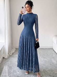 Modelyn 酒紅色設計半高領收腰顯瘦蕾絲女裝洋裝 - 藍色 - 查看 5