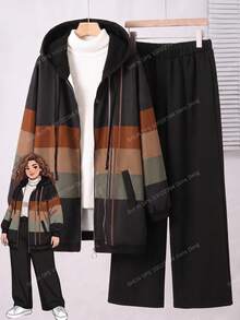 Rusticease Plus Size Women's Color Block Striped Hooded Drawstring Zip Up Three-Quarter Sleeve Jacket And Pants Casual Two Pieces Set Fall Winter 2026 - Multicolor - View 1