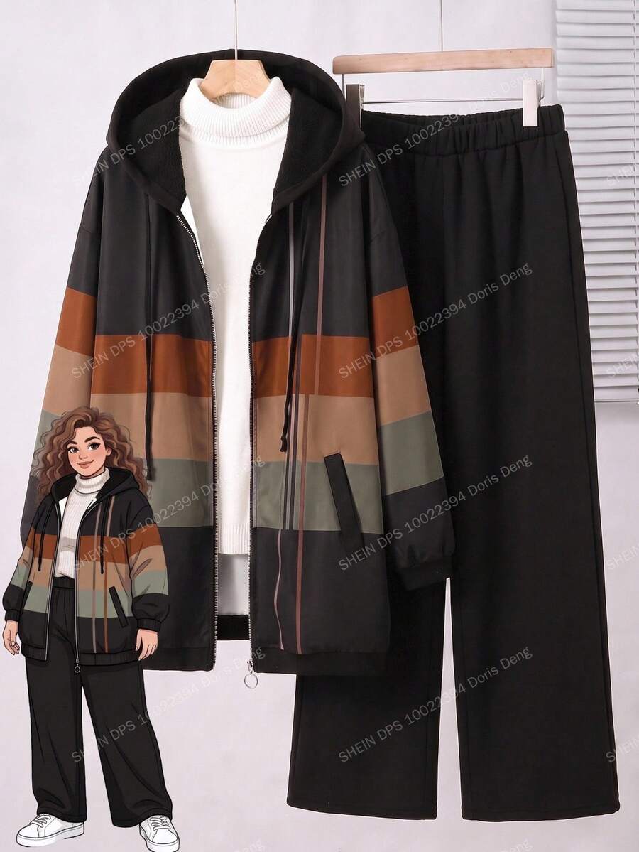 Rusticease Plus Size Women's Color Block Striped Hooded Drawstring Zip Up Three-Quarter Sleeve Jacket And Pants Casual Two Pieces Set Fall Winter 2026 - Multicolor - View 1