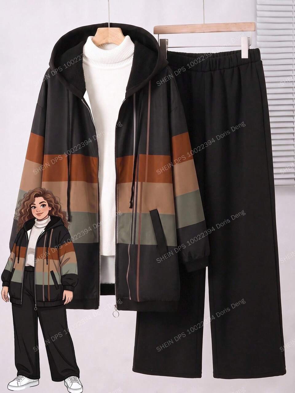 Plus Size Women's Color Block Hooded Zip Up Drawstring Jacket And Pants Casual 2 Piece Set Fall Winter 2026