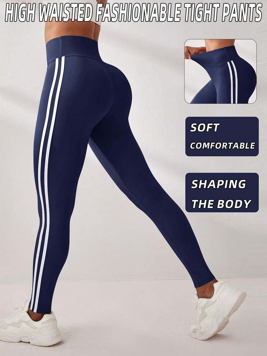 SHEIN Sports 女款侧条纹收腹运动紧身裤瑜伽裤 - 藏蓝色 - 查看 1