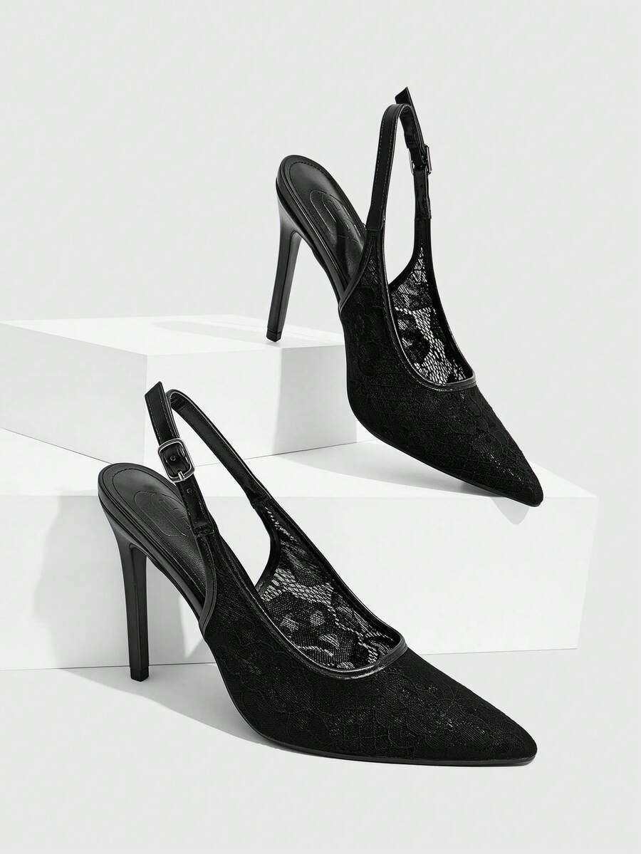 CUCCOO SZL Women's New Embroidered Lace Pointed High-Heeled Shoes - Black - View 1