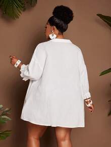SHEIN CURVE+ Plus Size Elegant Casual Loose White Silky Blouse, Sommar Smart Women's Shirt With Lantern Sleeve Turndown Collar, Simple Vacation Business Summer - White - View 2
